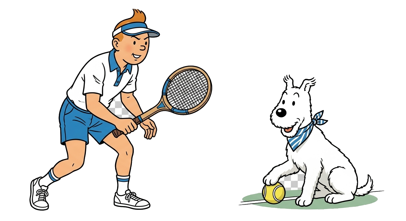 Ilustração de jogador de tênis e cachorro